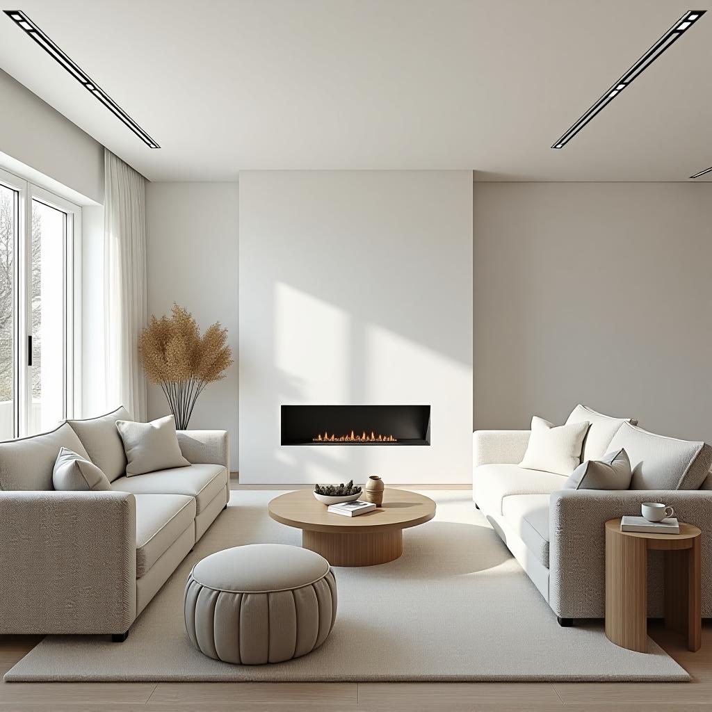  capture a stunningly beautiful, hyperrealistic 8k photograph of a family room designed in a minimalist style, emphasizing simplicity, functionality, and uncluttered spaces. this photograph, taken with a prime lens (35mm f1.8), showcases a casual living space perfect for quality time, featuring a color scheme of white variations including off white (rgb: 255, 255, 240), silk white, cream white, antique white, and chalk white. the seating is upholstered in a zigzag wave pattern on wool fabric, complemented by sleek minimalism in the decoration with dense furnishings. the symmetrical balance and intricate details are captured in raw, unedited format, using cinematic lighting to create a movie like atmosphere, enhanced by bright, soft, diffused