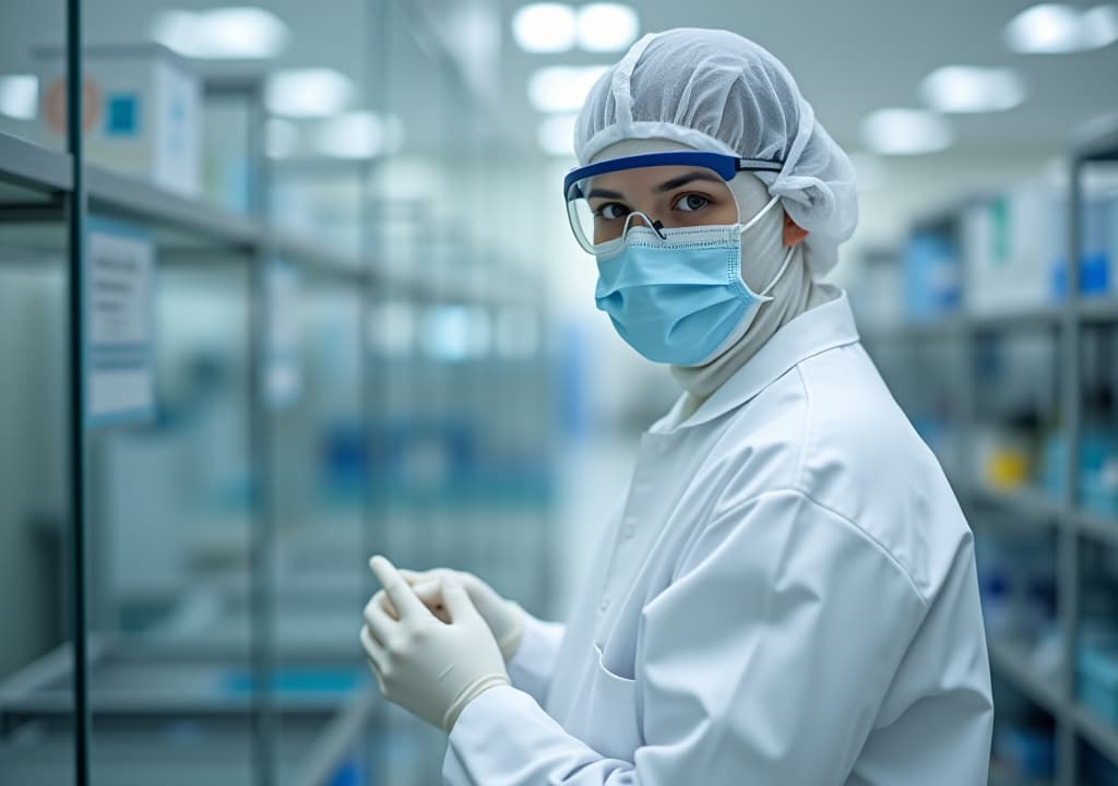  biotech facility worker in cleanroom wearing protective gear in pharmaceutical industry. concept biotech, cleanroom, protective gear, pharmaceuticals, pharmaceutical industry