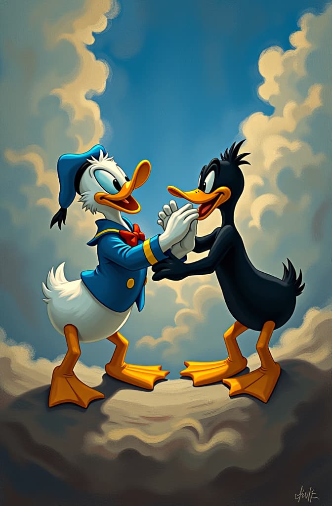  donald duck and daffy duck from looney tunes fighting in a fight cloud, high quality high detail painting by lucian freud, hd, photorealistic lighting, style of van gogh hyperrealistic, full body, detailed clothing, highly detailed, cinematic lighting, stunningly beautiful, intricate, sharp focus, f/1. 8, 85mm, (centered image composition), (professionally color graded), ((bright soft diffused light)), volumetric fog, trending on instagram, trending on tumblr, HDR 4K, 8K