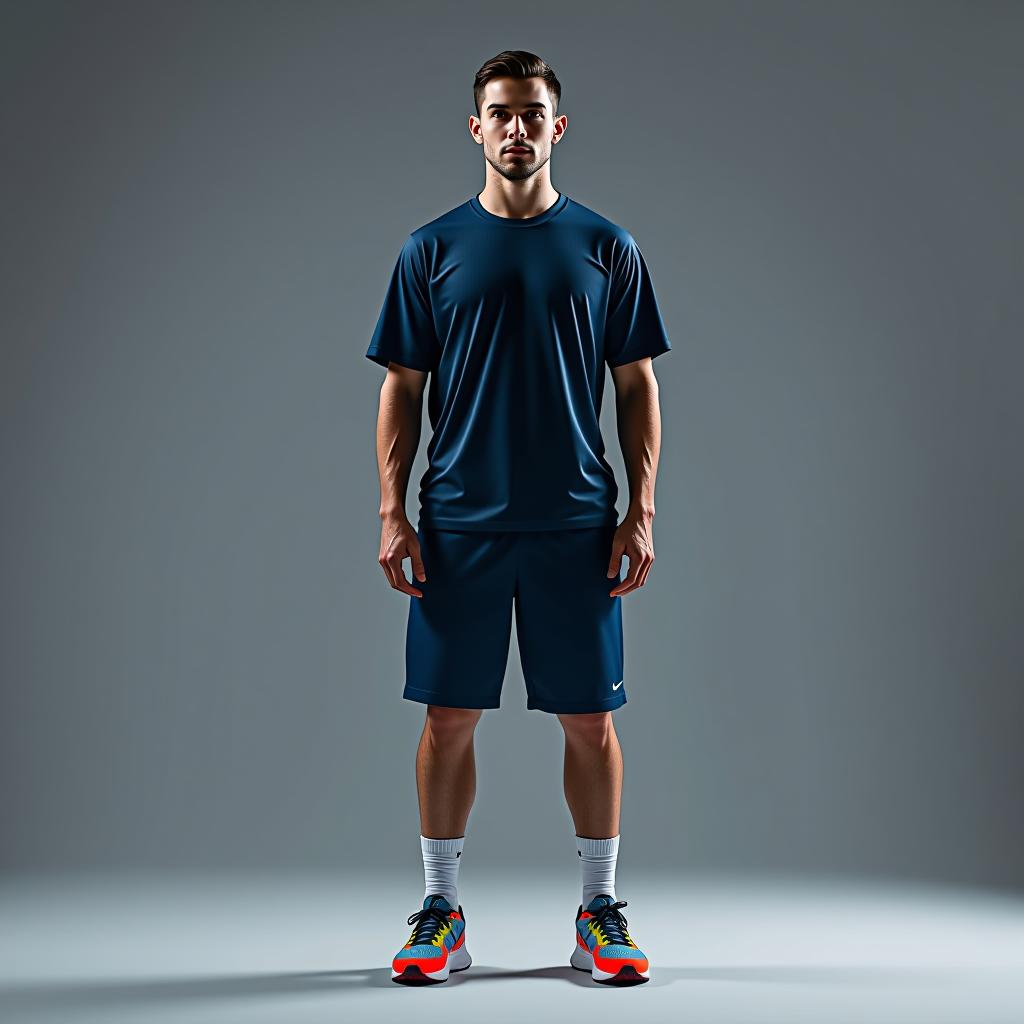  design a sports wear for a guy, dark blue 5 inch shorts, baggy sports t shirt, colorful running shoes and white long sock hyperrealistic, full body, detailed clothing, highly detailed, cinematic lighting, stunningly beautiful, intricate, sharp focus, f/1. 8, 85mm, (centered image composition), (professionally color graded), ((bright soft diffused light)), volumetric fog, trending on instagram, trending on tumblr, HDR 4K, 8K