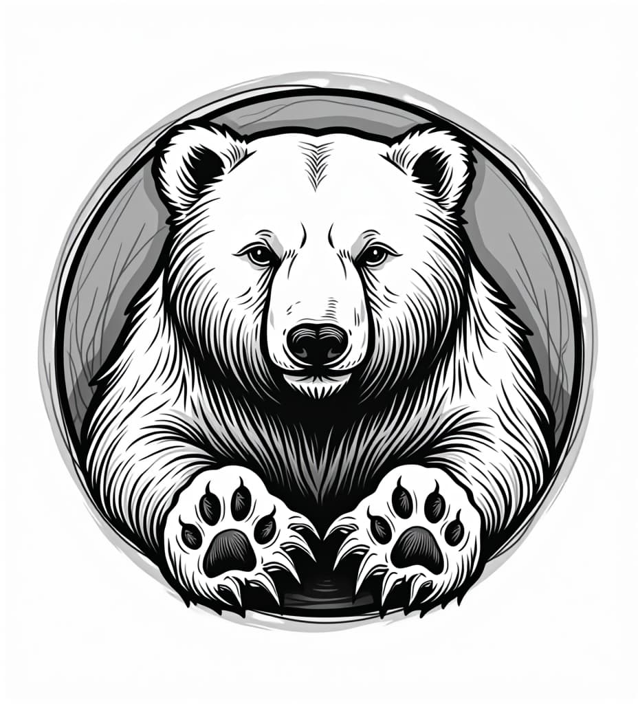  black on white sketch of circular logo that is made up of polar bears, and polar bear paws. unique design, trendy