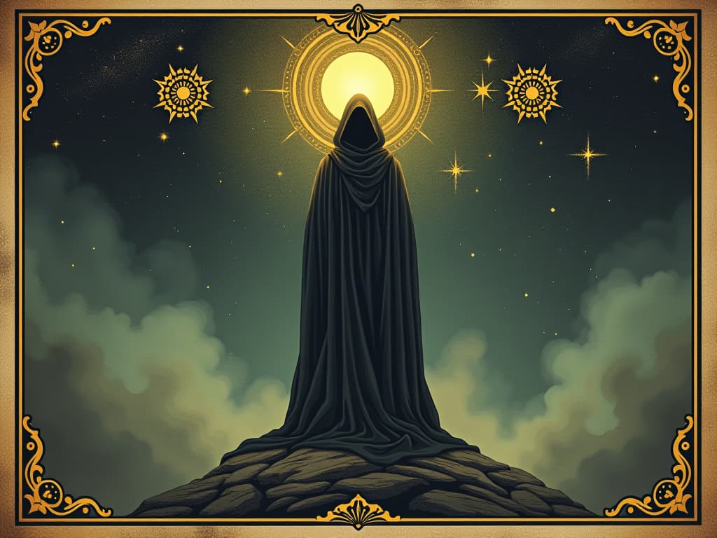  a robed figure, standing on a mystical platform, beneath a celestial sky, glowing symbols surrounding, sense of wisdom and divine connection. an illustration in the style of a worn, mystical old tarot trump card, mysterious and elements of surrealism. the colors are muted, somber and eerie, but with contrast bring out an occult and esoteric vibe.