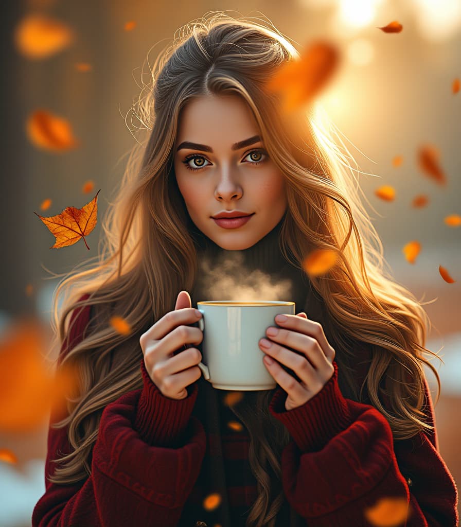  (stunning mesmerizing slavic girl:1.3) emerging from the text “good day” (capital letters:1.2), holding a (steaming mug of coffee:1.1) in her delicate hands, surrounded by a (double exposure style:1.2) that blends her essence with the vibrant colors of autumn. the background features a (floating sun:1.3) casting a warm glow, enhancing the (autumnal vibes:1.2) with falling leaves in shades of orange and gold. the composition is multi layered, showcasing (ultra realism:1.3) and intricate details, with a (holographic effect:1.1) that adds depth, rendered in (best quality, hdr, uhd:1.3), resulting in a captivating masterpiece.