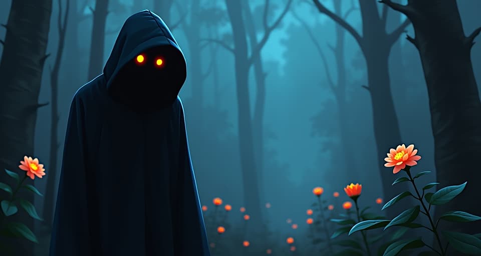  a dark, shadowy figure with glowing eyes, blending into the twilight of an enchanted forest. in the background, enchanted flowers emit a soft, magical light. the atmosphere is tense, with an ominous, foreboding presence.. the style is digital art illustration,highly detailed, whimsical,magical, dreamlike atmosphere, realism and fantasy blend, smooth, glossy textures,luminous quality, wonder and enchantment.