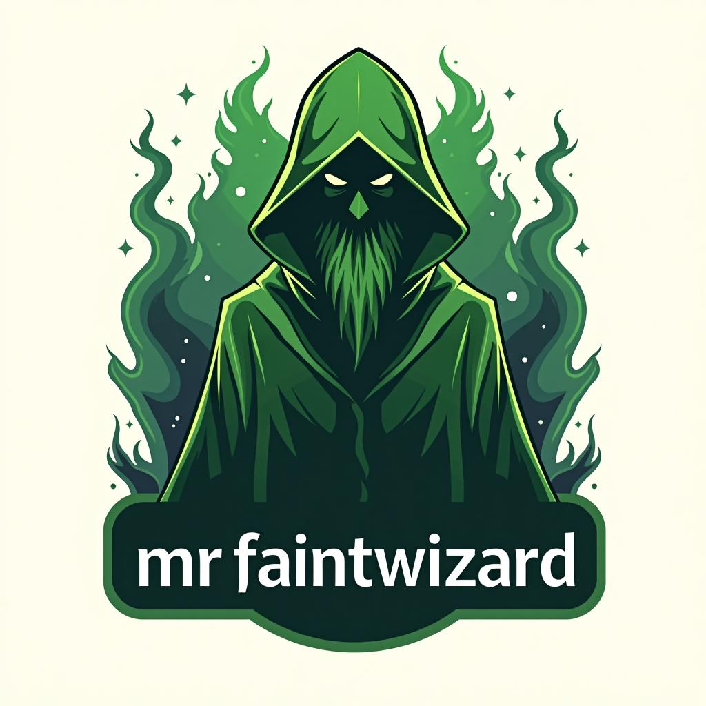  design a logo, a cloaked wizard in green with elements and smoke around him, with the text 'mrfaintwizard '.