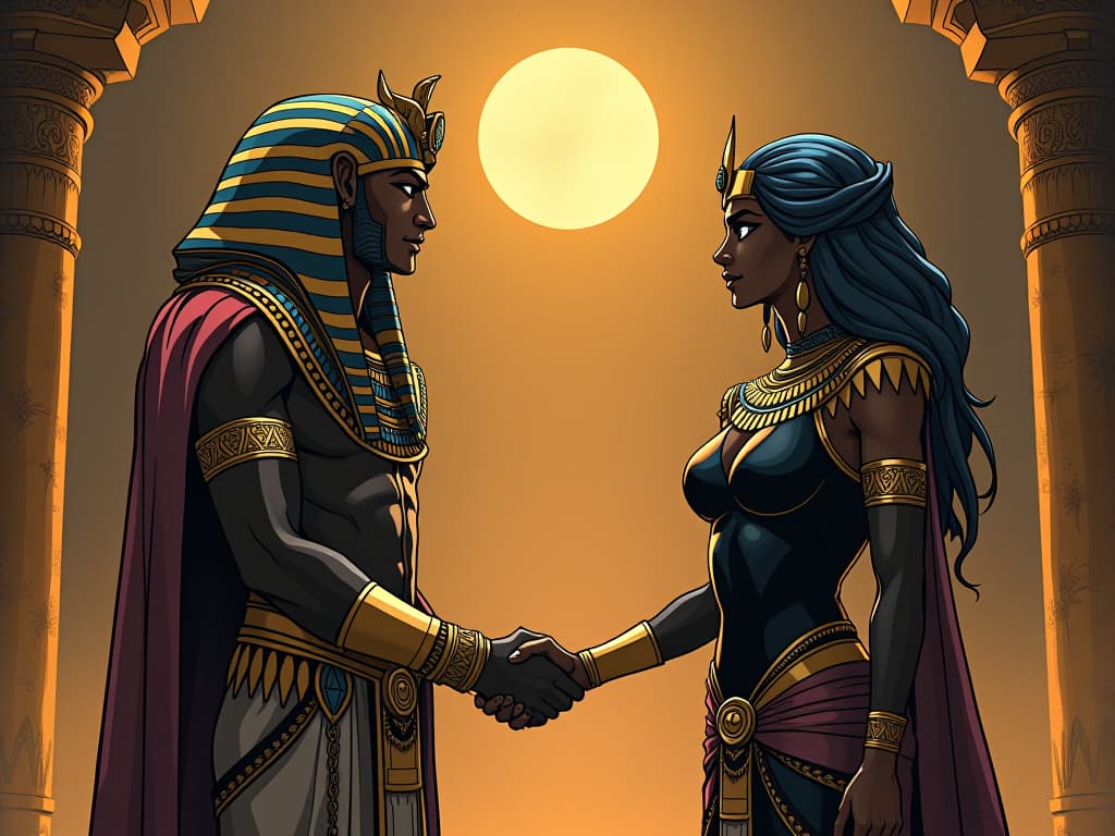  pharaoh shaking hands with a large busted sorceress, forming a new alliance, confident and cooperative. the style is digital art illustration / modern comic book / mysterious occult, symbolic, esoteric vibe,high detail on character design, incorporating ancient egyptian symbology and attire.