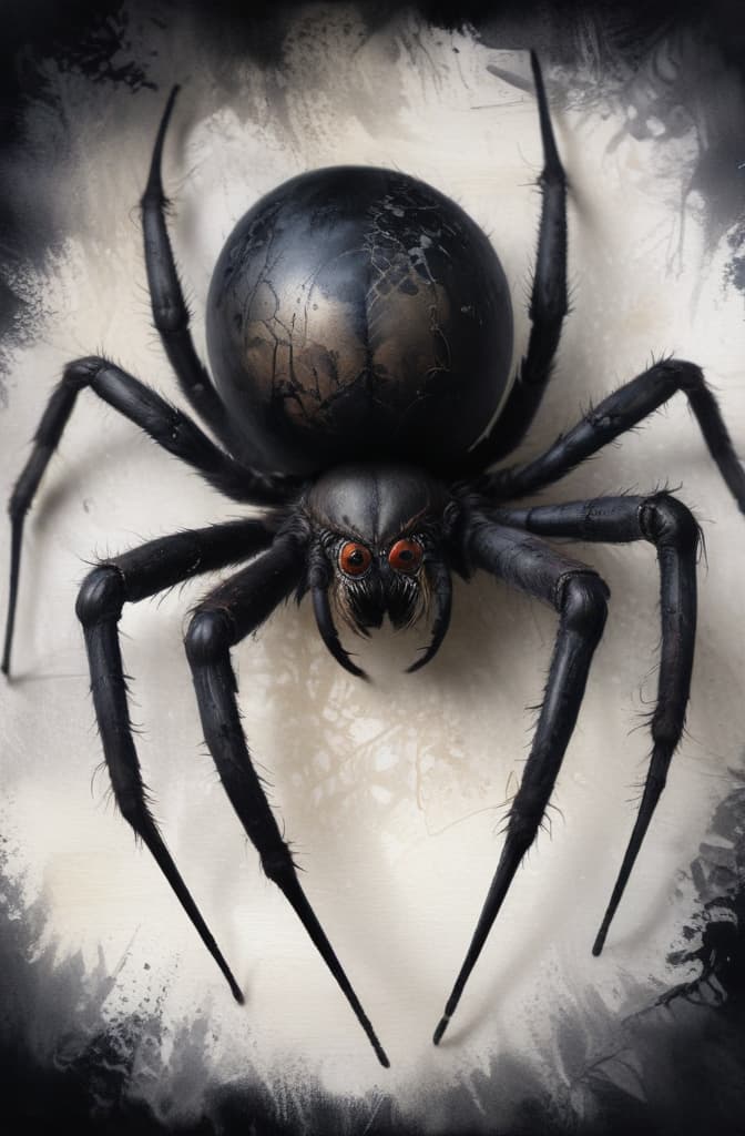 Create artwork a scary dark with (((eight legs))) spider weaves a beautiful dark lace. dark colors, gloomy atmosphere, broken heart is between his front paws --ar 2:3 using watercolor techniques, featuring fluid colors, subtle gradients, transparency associated with watercolor art