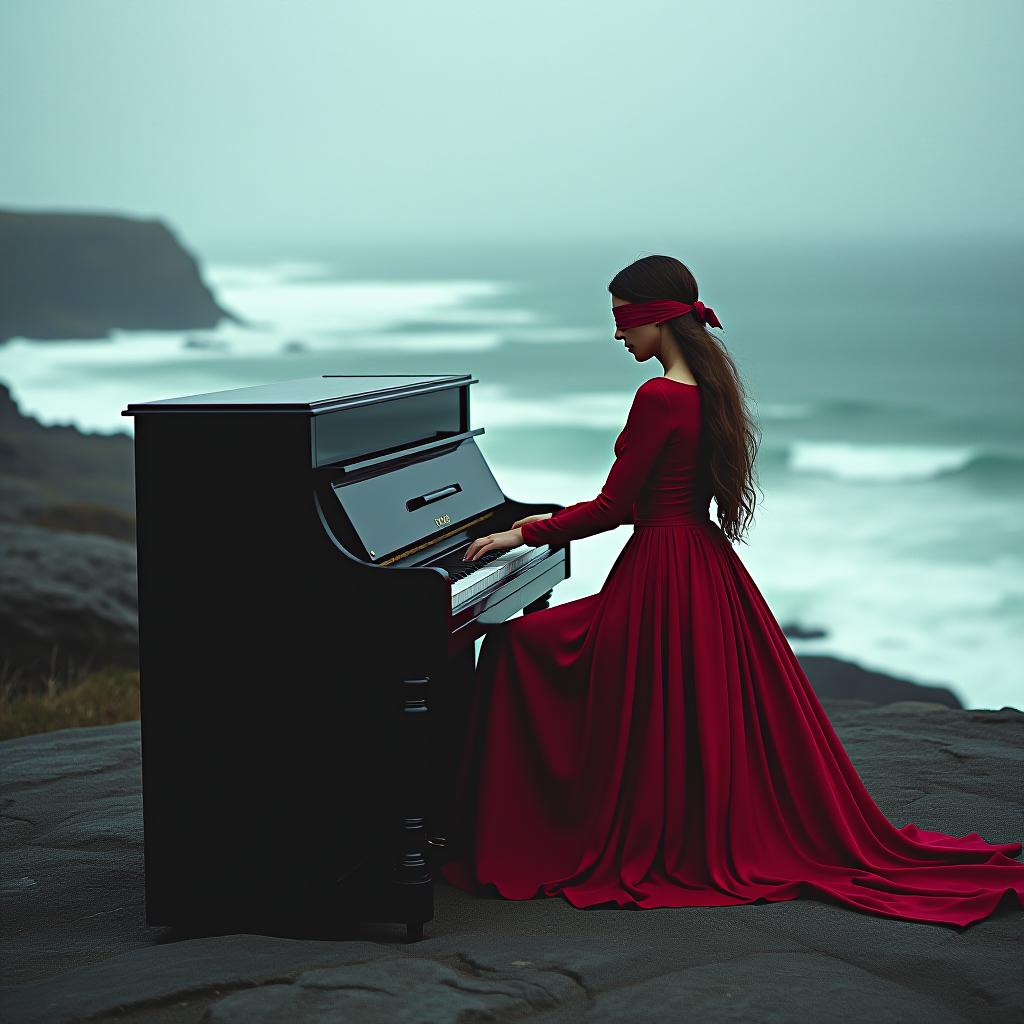  a longhaired, blindfolded woman in a long red dress passionately playing piano at the rocky, foggy coast with raging waves in the background landscape