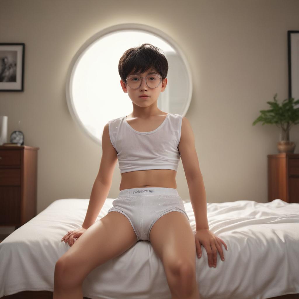 ((masterpiece)),(((best quality))), 8k, high detailed, ultra detailed, a Japanese 10 year old boy wearing 1980s style white briefs in a room, with circular glasses, sleeping hyperrealistic, full body, detailed clothing, highly detailed, cinematic lighting, stunningly beautiful, intricate, sharp focus, f/1. 8, 85mm, (centered image composition), (professionally color graded), ((bright soft diffused light)), volumetric fog, trending on instagram, trending on tumblr, HDR 4K, 8K