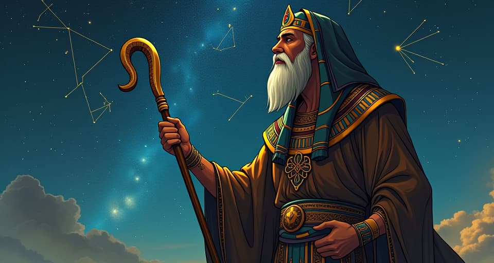  an elder sage in ancient egyptian robes, tracing the constellations with a staff, sky filled with stars, wisdom. the style is digital art illustration / modern comic book / mysterious occult, symbolic, esoteric vibe,high detail on character design, incorporating ancient egyptian symbology and attire.