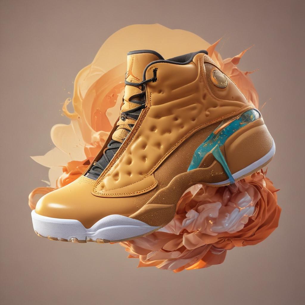 distance-shot, flashy, full-body, dynamic, holographic, animated cartoon poster of jordan 13 wheat shoes in the style of dragon ball super