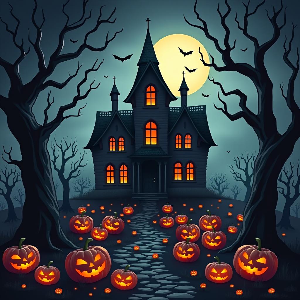  create a seamless digital painting of a spooky, halloween themed scene featuring a haunted house with gothic architecture. the house should be surrounded by twisted, gnarled trees and a multitude of jack o' lanterns. the scene should include a dark, cloudy sky to enhance the eerie atmosphere. the overall style should be detailed and atmospheric, capturing the essence of a haunted, creepy environment perfect for halloween, ensuring the design is seamless for use in repeating patterns or wraps.