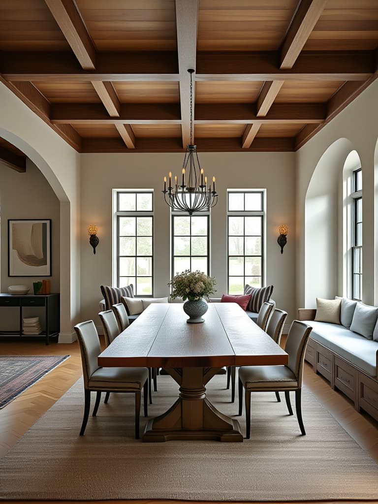  high quality portrait photo of a grand farmhouse dining room with a reclaimed wood coffered ceiling, a long farmhouse table with a live edge, and a built in window seat with storage, photographed from an elevated angle to showcase the room's layout hyperrealistic, full body, detailed clothing, highly detailed, cinematic lighting, stunningly beautiful, intricate, sharp focus, f/1. 8, 85mm, (centered image composition), (professionally color graded), ((bright soft diffused light)), volumetric fog, trending on instagram, trending on tumblr, HDR 4K, 8K