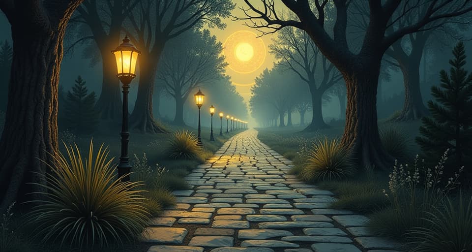  a clear cobblestone path, lined with glowing lanterns, leading to a radiant horizon, divinely guided, ethereal. an illustration in the style of a worn, mystical old tarot trump card, mysterious and elements of surrealism. the colors are muted, somber and eerie, but with contrast bring out an occult and esoteric vibe.