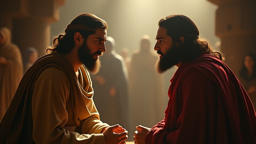  history of biblical times, a heated argument between sarai and abraham, showcasing their frustrations and challenges in faith. hyperrealistic, full body, detailed clothing, highly detailed, cinematic lighting, stunningly beautiful, intricate, sharp focus, f/1. 8, 85mm, (centered image composition), (professionally color graded), ((bright soft diffused light)), volumetric fog, trending on instagram, trending on tumblr, HDR 4K, 8K