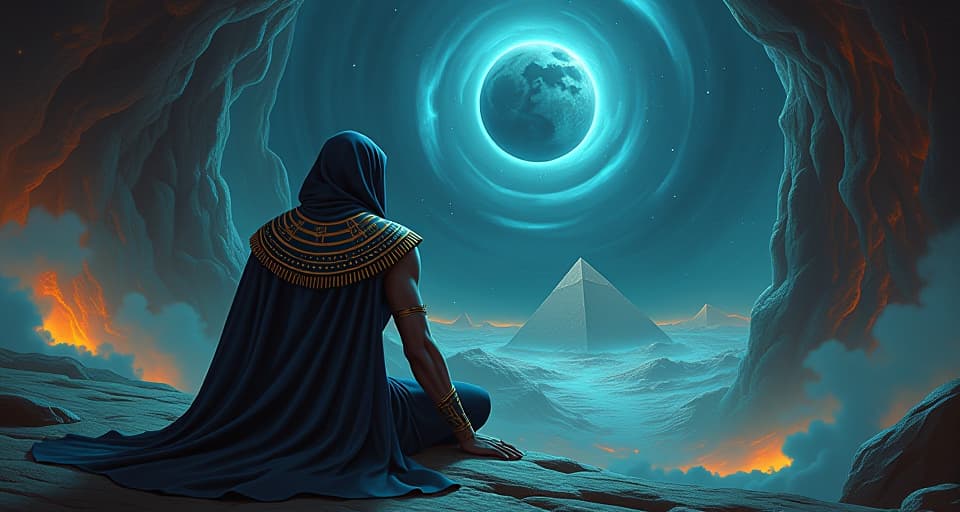  a dream scene with hyper realistic elements, familiar yet otherworldly, heightened senses, surreal feeling. the style is digital art illustration / modern comic book / mysterious occult, symbolic, esoteric vibe,high detail on character design, incorporating ancient egyptian symbology and attire.