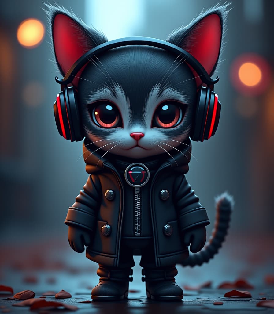  gothic style cute chibi cat in headphones and fashionable modern clothes . dark, mysterious, haunting, dramatic, ornate, detailed hyperrealistic, full body, detailed clothing, highly detailed, cinematic lighting, stunningly beautiful, intricate, sharp focus, f/1. 8, 85mm, (centered image composition), (professionally color graded), ((bright soft diffused light)), volumetric fog, trending on instagram, trending on tumblr, HDR 4K, 8K