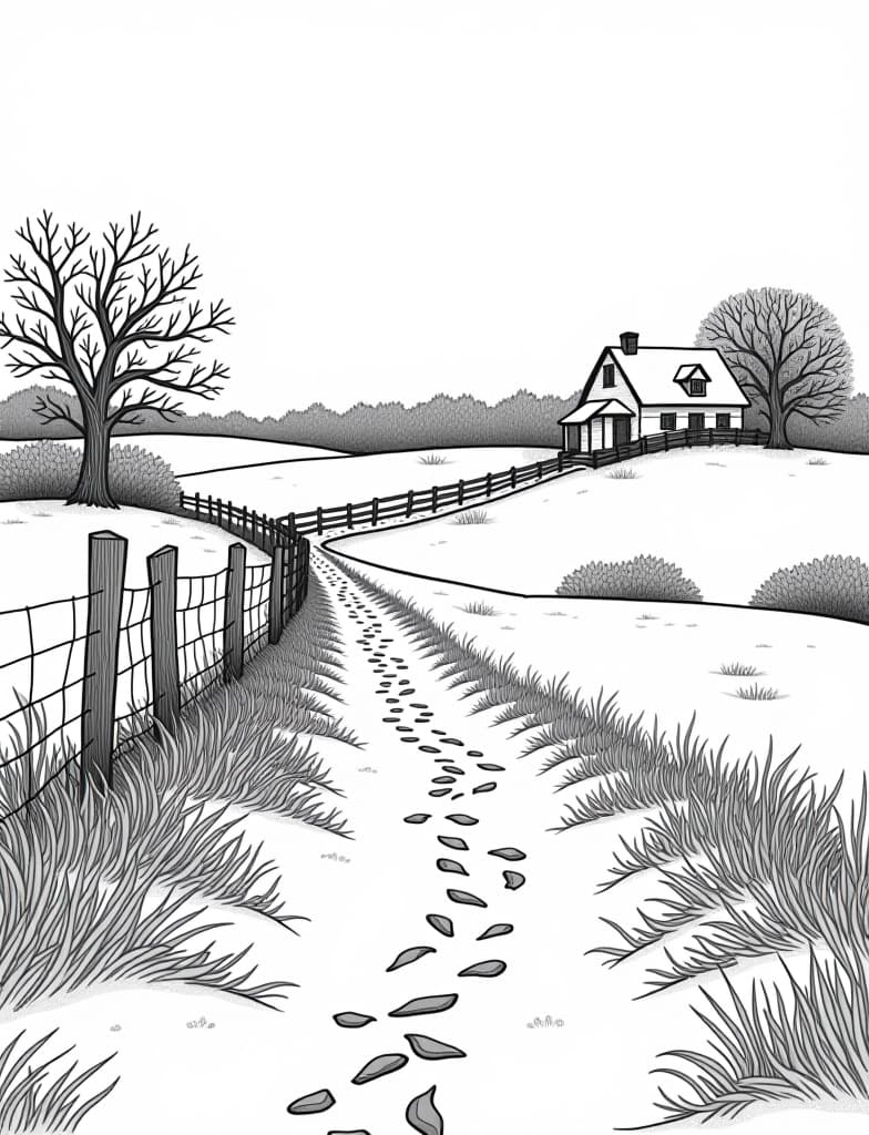  this is for an adult coloring page. a detailed black and white line art of a snowy snowy landscape with a fence leading to a distant farmhouse on a solid white background.