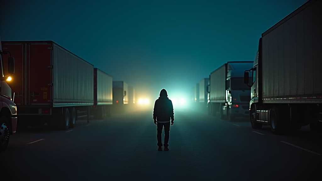  images about horror stories, a dark parking area filled with trucks, capturing the uneasiness of spending a night on the road. hyperrealistic, full body, detailed clothing, highly detailed, cinematic lighting, stunningly beautiful, intricate, sharp focus, f/1. 8, 85mm, (centered image composition), (professionally color graded), ((bright soft diffused light)), volumetric fog, trending on instagram, trending on tumblr, HDR 4K, 8K