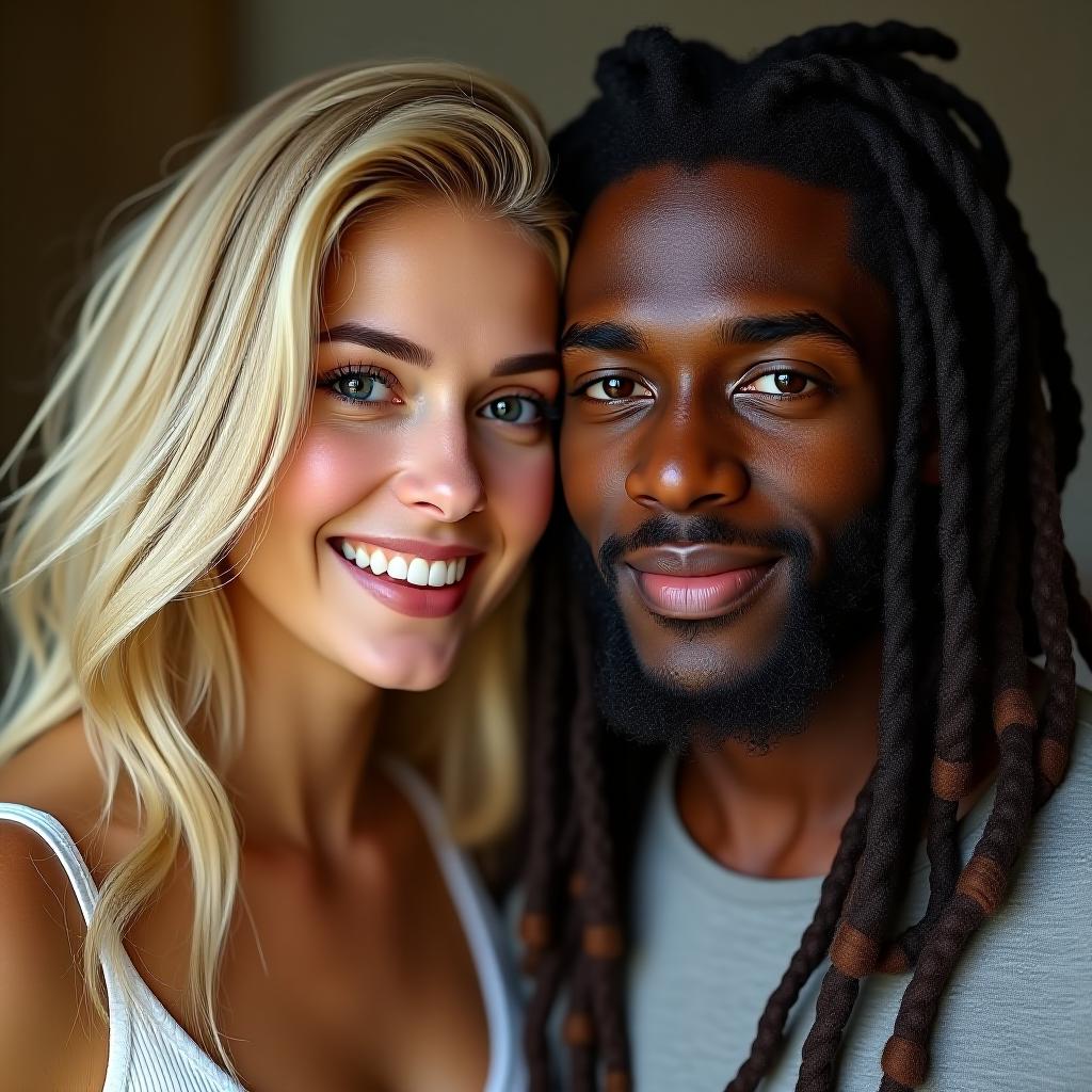  make an image of a blonde white woman and a black man with long dreads and their mixed son