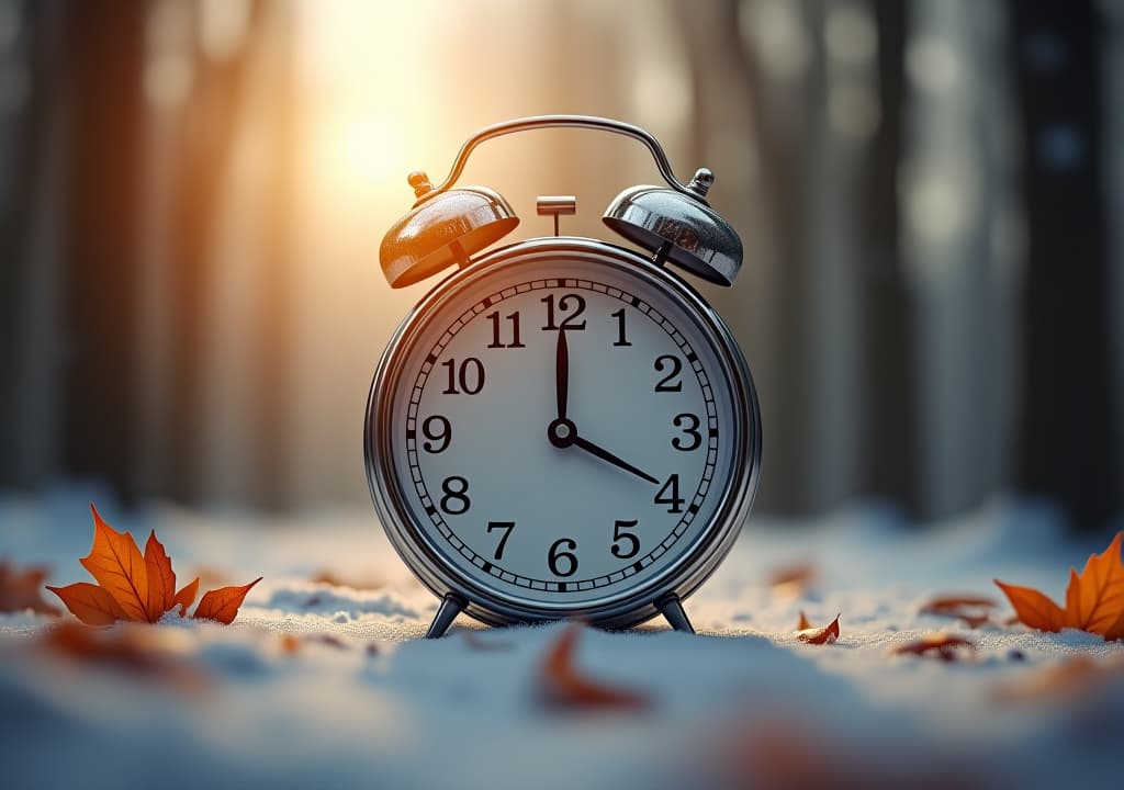  concept, daylight saving time. sommer time, winter time, changeover, switch of time. sommer or winter time. clock as a timer for celebrations. autumnal forest and leaves