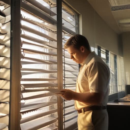 A photo of a technician inspecting a vent system in a spacious office building during the early morning with soft, golden sunlight filtering through the blinds, casting gentle shadows on the dust particles in the air.