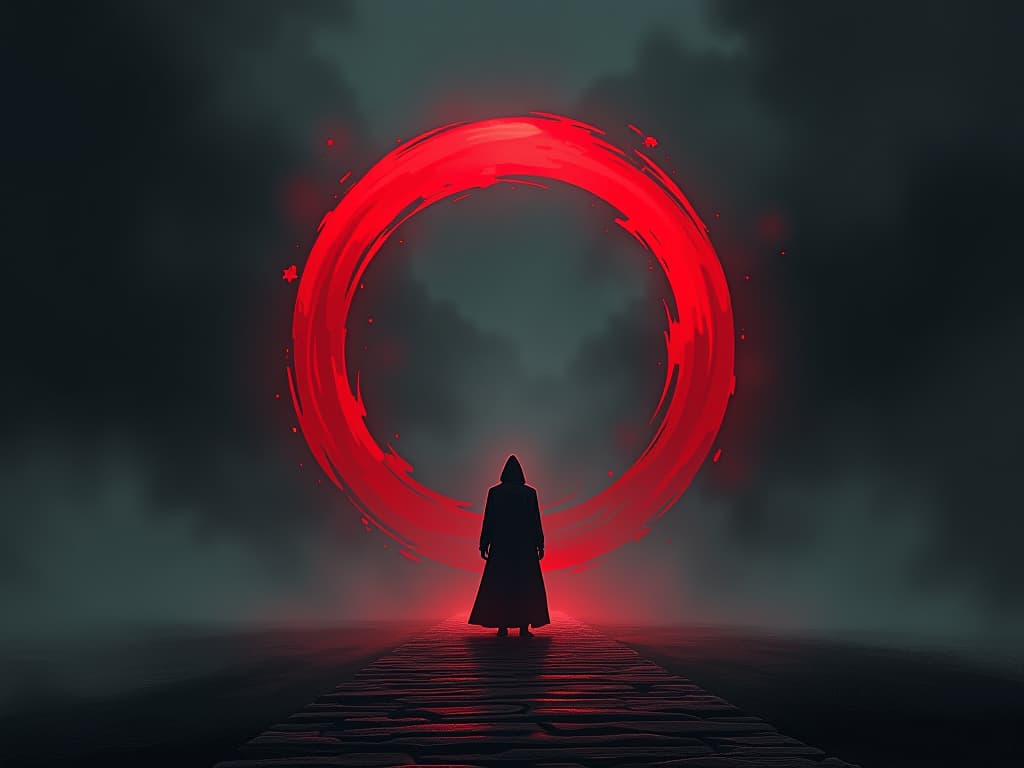  red protective barrier encircling a lone figure, darkness kept at bay, mood of steadfast integrity. the style is digital art illustration / modern comic book / graphic dark novel fantasy and mysterious occult, symbolic, moody lighting, esoteric vibe,high detail on character design. for the color scheme emphasize blacks and reds.