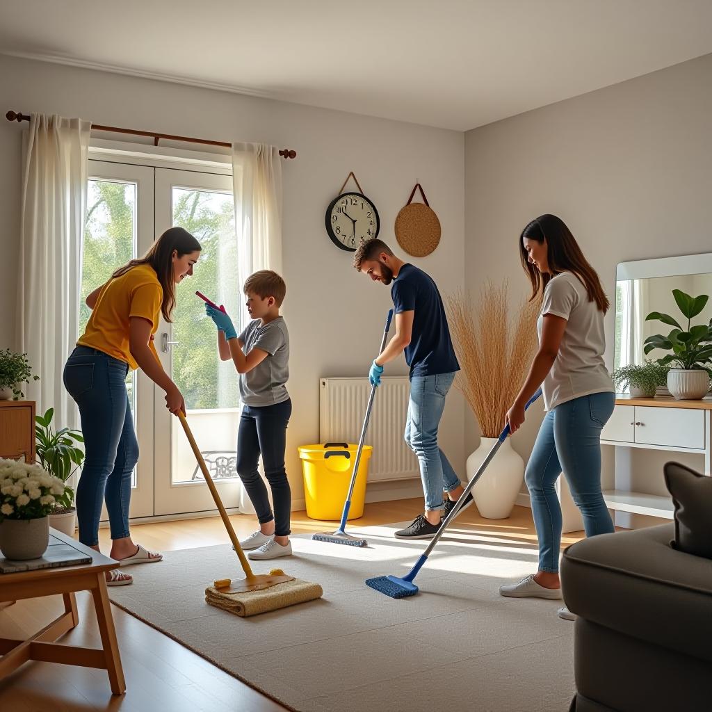  four people are cleaning the house.