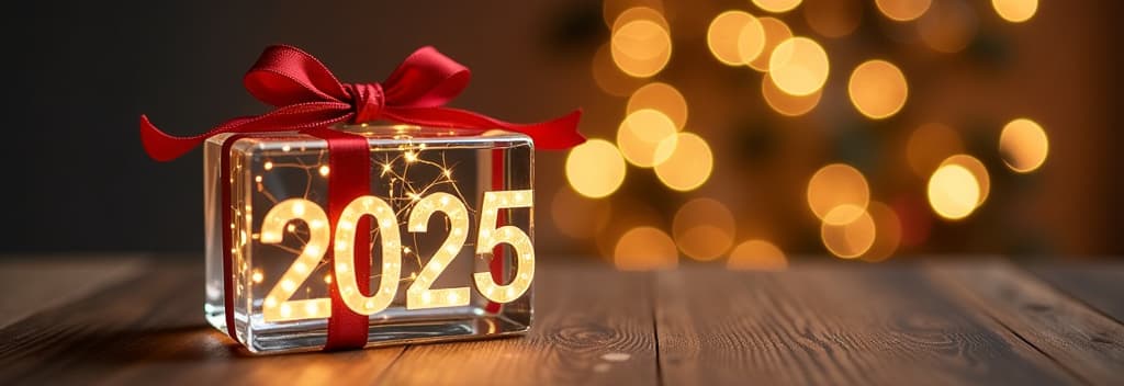  real estate photography style transparent glass christmas gift with glass bow, golden glowing text “2025”, festive golden bokeh background ar 3:2 ar 3:1 . professional, inviting, well lit, high resolution, property focused, commercial, highly detailed