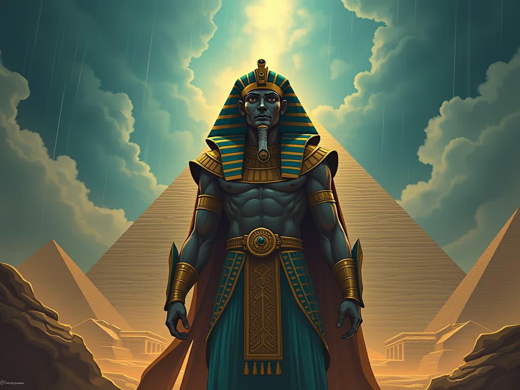  pharaoh, standing firm and resilient, adorned in gold and turquoise regalia, amidst a backdrop of pyramid structures, storm clouds gathering but unable to move him. the style is digital art illustration / modern comic book / mysterious occult, symbolic, esoteric vibe,high detail on character design, incorporating ancient egyptian symbology and attire.