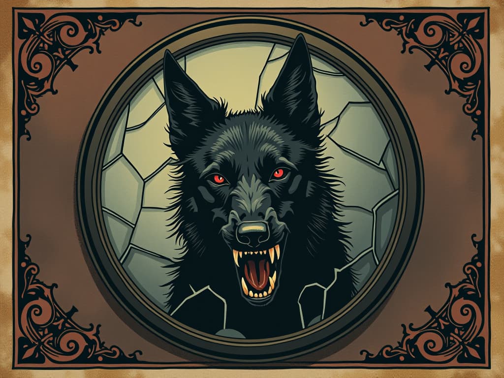  fearsome black hound reflected in a cracked mirror, dread and fear emanating, dark and supernatural. an illustration in the style of a worn, mystical old tarot trump card, mysterious and elements of surrealism. the colors are muted, somber and eerie, but with contrast bring out an occult and esoteric vibe.