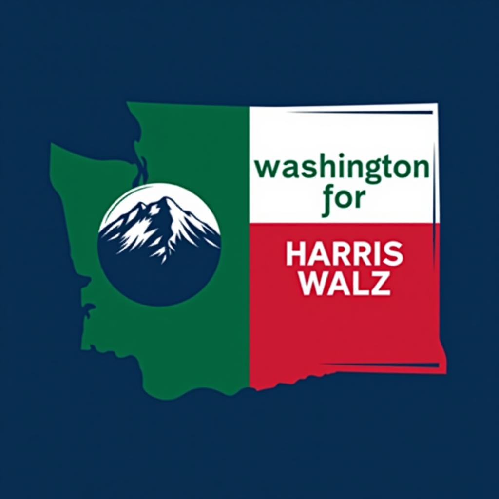  a tshirt design inspired by the washington state flag. the left side features a green vertical stripe with a large mountain in the center. the right side is divided into two horizontal sections: the top section is white with the text 'washington for' in bold, green, uppercase letters, and the bottom section is red with the text 'harris walz' in bold, white, uppercase letters. the overall layout is clean and straightforward, with a clear and patriotic color scheme of blue, white, and red.