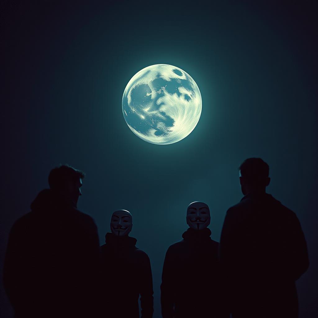  cinematic photo four men wearing anonymous masks stand and stare at an earth like ball, a dark background, people looking down from the top . 35mm photograph, film, bokeh, professional, 4k, highly detailed