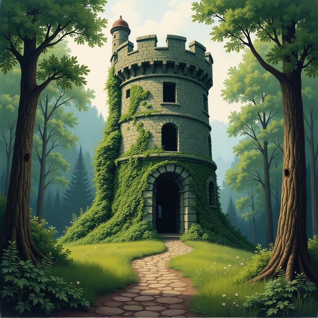  an oil painting in 80's fantasy poster art of old abandoned tower, overgrown with ivy, standing ominously in the forest, with a path leading to its entrance