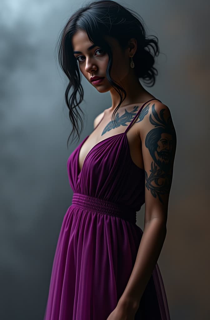  mujer pelo negro con vestido purpura y tatuajes hyperrealistic, full body, detailed clothing, highly detailed, cinematic lighting, stunningly beautiful, intricate, sharp focus, f/1. 8, 85mm, (centered image composition), (professionally color graded), ((bright soft diffused light)), volumetric fog, trending on instagram, trending on tumblr, HDR 4K, 8K