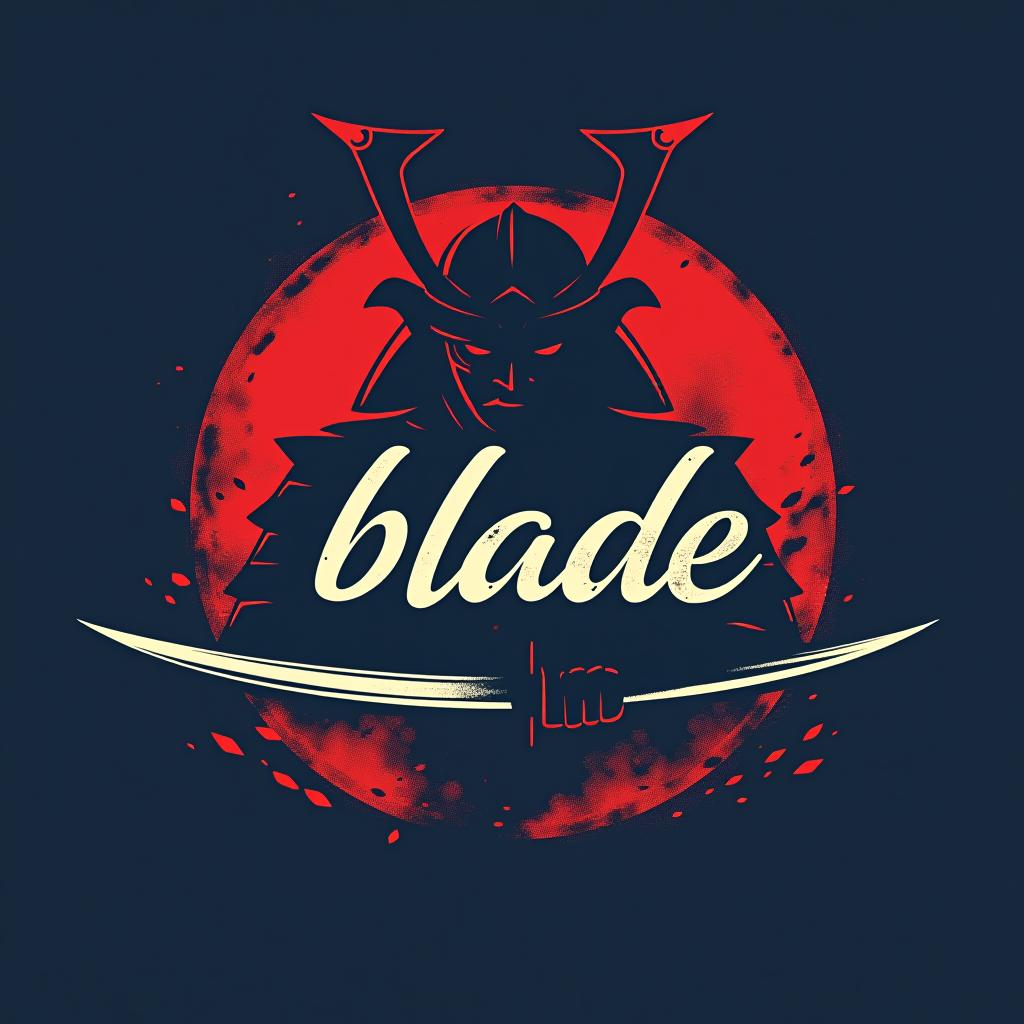  design a logo, emblem logo, with the written text ‘blade’, samurai theme, red and blue.