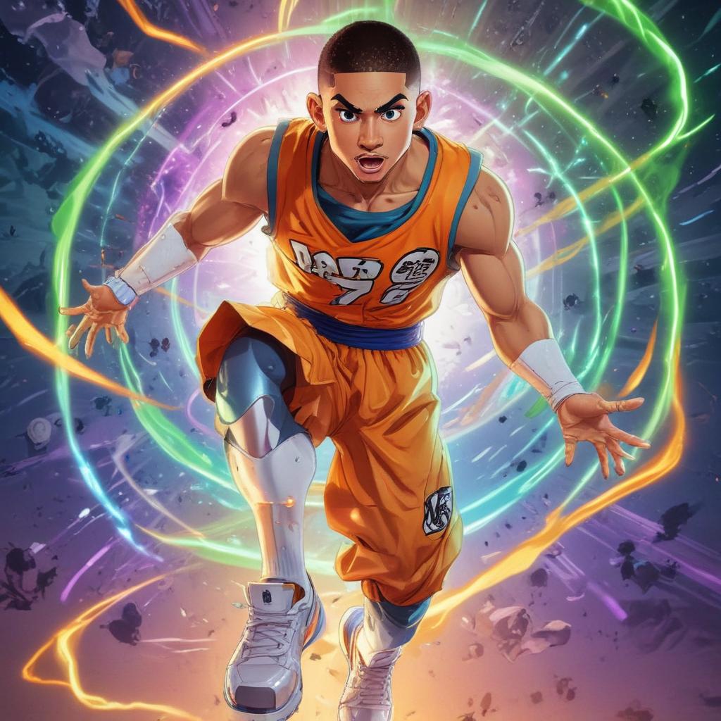 distance-shot, flashy, full-body, dynamic, holographic, animated cartoon poster of jayson tatum in the style of dragon ball super