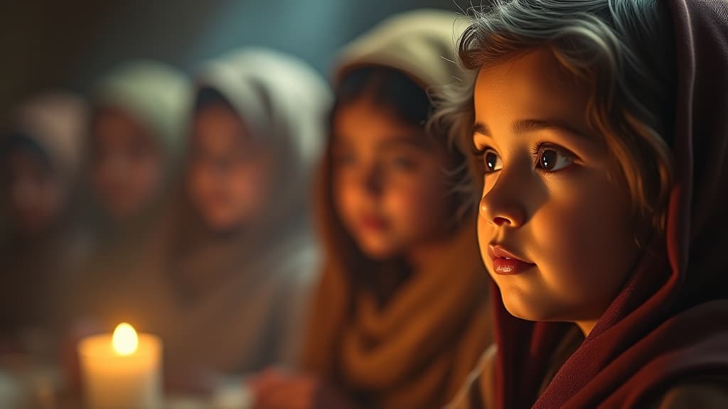  history of biblical times, children learning about gideon’s story, light in their eyes expressing hope for their futures. hyperrealistic, full body, detailed clothing, highly detailed, cinematic lighting, stunningly beautiful, intricate, sharp focus, f/1. 8, 85mm, (centered image composition), (professionally color graded), ((bright soft diffused light)), volumetric fog, trending on instagram, trending on tumblr, HDR 4K, 8K