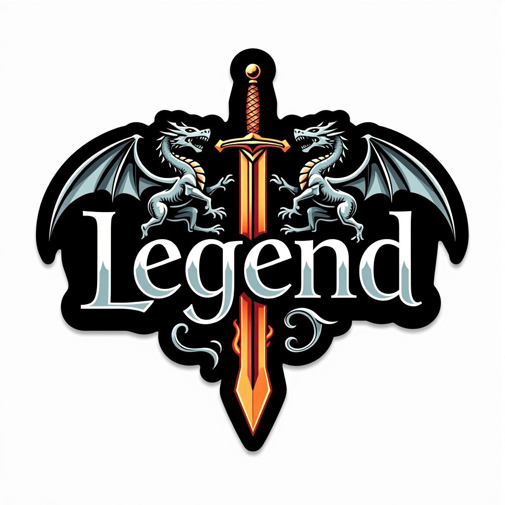  design a logo, custom sticker design on an isolated black background with the words ‘legend’ in bold font decorated by mythical dragons and a flaming sword