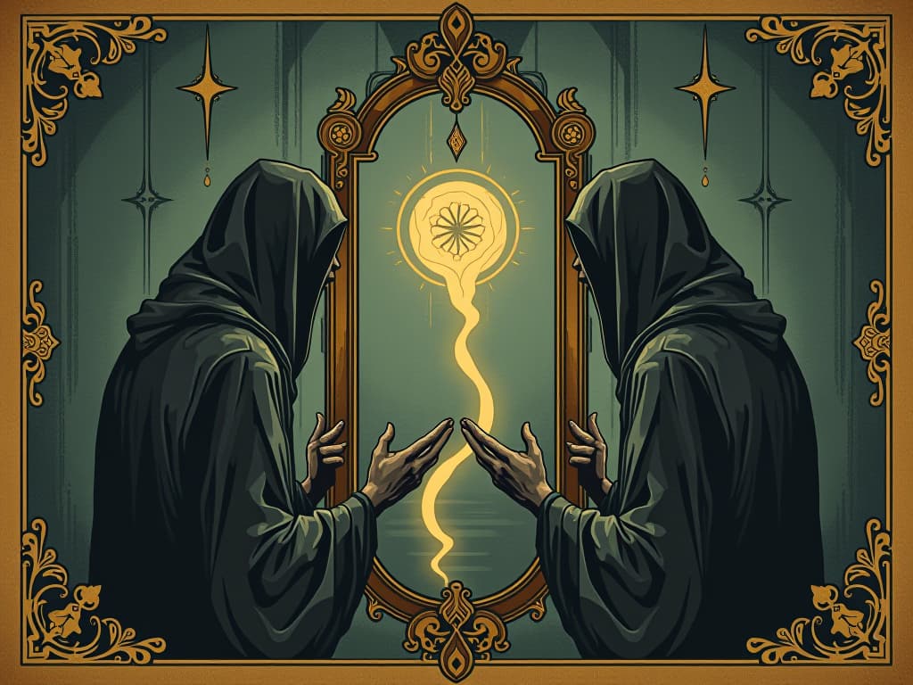  mirror with angled reflections disrupting energy flow, careful positioning needed, sense of unease. an illustration in the style of a worn, mystical old tarot trump card, mysterious and elements of surrealism. the colors are muted, somber and eerie, but with contrast bring out an occult and esoteric vibe.