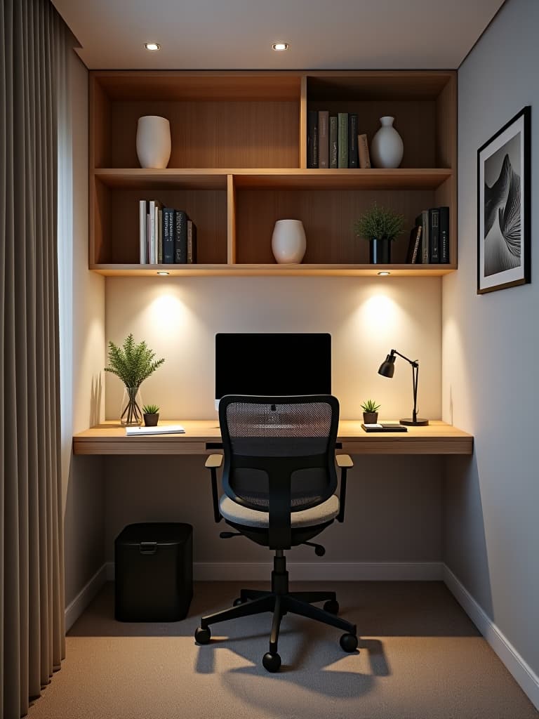  high quality portrait photo of a modern bedroom workspace nook with a floating desk, ergonomic chair, and clever storage solutions hyperrealistic, full body, detailed clothing, highly detailed, cinematic lighting, stunningly beautiful, intricate, sharp focus, f/1. 8, 85mm, (centered image composition), (professionally color graded), ((bright soft diffused light)), volumetric fog, trending on instagram, trending on tumblr, HDR 4K, 8K