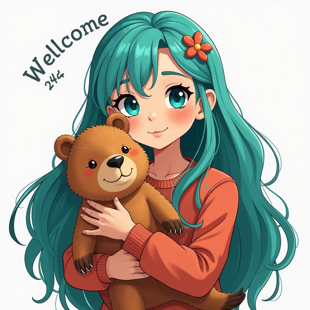  a girl with blue eyes, long turquoise hair holds a capybara in her arms, the inscription welcome to 242