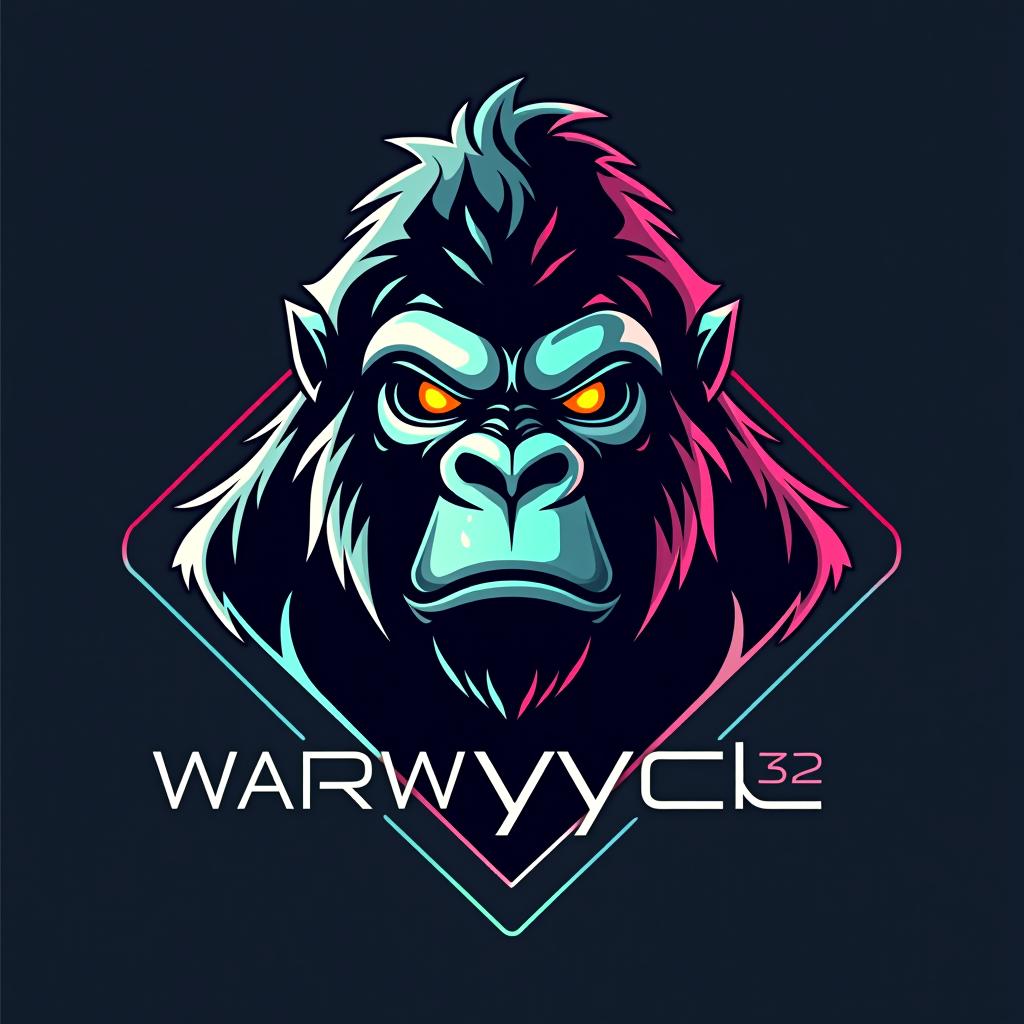  design a logo, in a abstract style. electronic gorilla, with the text 'warwyck 32'.