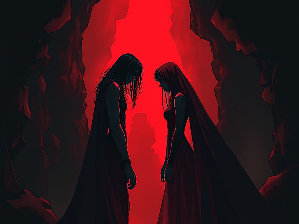  two figures in red, separated by a chasm, sense of strained relationships and eroded trust. the style is digital art illustration / modern comic book / graphic dark novel fantasy and mysterious occult, symbolic, moody lighting, esoteric vibe,high detail on character design. for the color scheme emphasize blacks and reds.