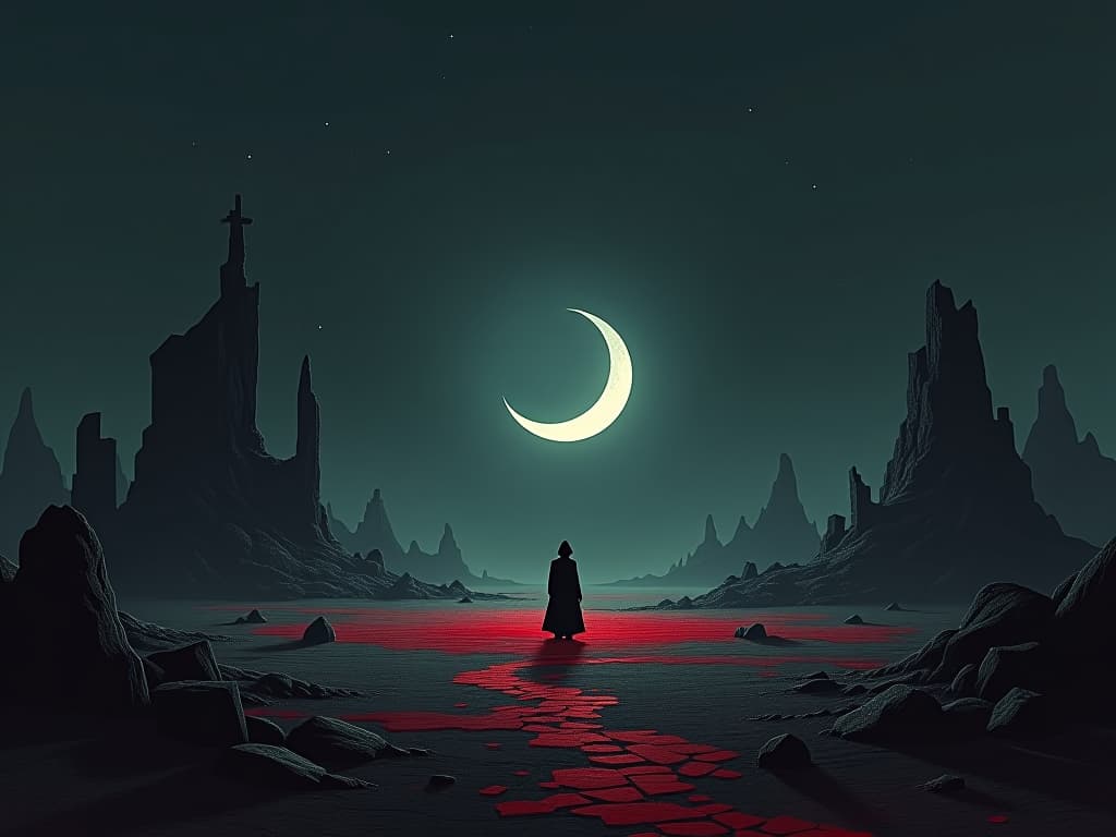  a desolate wasteland under a crescent moon, scattered ruins, sense of emptiness, isolation.. the style is dark fantasy and mysterious occult, symbolic, moody lighting, esoteric vibe,high detail on character design. for the color scheme emphasize blacks and reds.