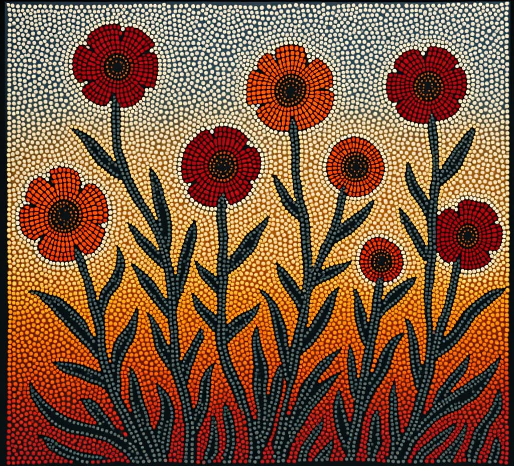  australian aboriginal traditional dot painting style image of a wildflowers in earthy colors.