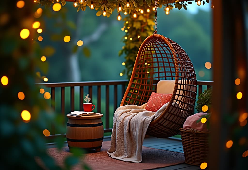  a landscape photo of an intimate patio corner with a hanging egg chair, soft blankets, and a small side table holding a book and steaming mug, framed by climbing vines and twinkling fairy lights, shot from a low angle hyperrealistic, full body, detailed clothing, highly detailed, cinematic lighting, stunningly beautiful, intricate, sharp focus, f/1. 8, 85mm, (centered image composition), (professionally color graded), ((bright soft diffused light)), volumetric fog, trending on instagram, trending on tumblr, HDR 4K, 8K