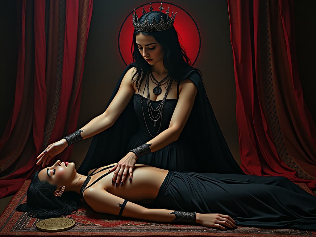  isis extending her hands over a figure lying on an altar, ancient healing ritual, serene expression, blend of earthly and divine. the style is black magick and mysterious occult, symbolic, dark gothic sharply contrasting colors, esoteric vibe. for the color scheme emphasize blacks and reds.