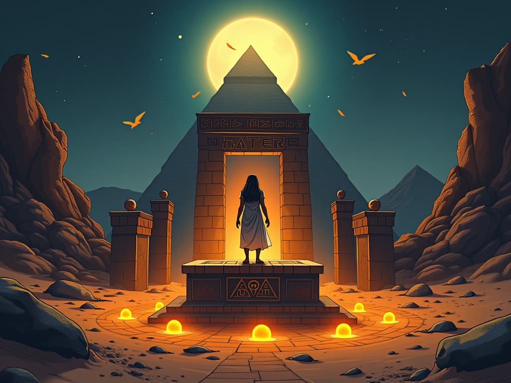  ancient stone altar amidst a desert, surrounded by glowing scarabs, under a radiant full moon, hieroglyphs on the altar illuminated, symbolizing the amplification of intentions. the style is digital art illustration / modern comic book / mysterious occult, symbolic, esoteric vibe,high detail on character design, incorporating ancient egyptian symbology and attire.