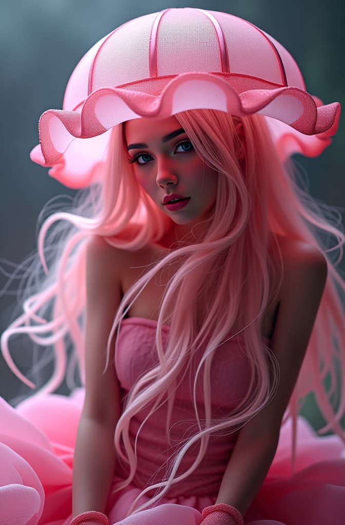  cute jellyfishncostume woman pink hyperrealistic, full body, detailed clothing, highly detailed, cinematic lighting, stunningly beautiful, intricate, sharp focus, f/1. 8, 85mm, (centered image composition), (professionally color graded), ((bright soft diffused light)), volumetric fog, trending on instagram, trending on tumblr, HDR 4K, 8K